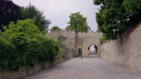 Medieval Stone Gateway and Cobbled Path Stock Footage 313881623