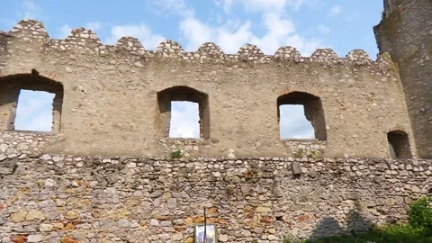 Medieval Stone Wall with Windows at Beckov Castle Ruins Stock Footage 342112685