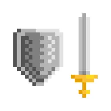 Medieval sword and shield pixel art. Cartoon vector illustration. Stock Illustration