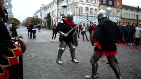 Medieval Sword Fight Performance in Sumy, Ukraine Stock Footage 308302356