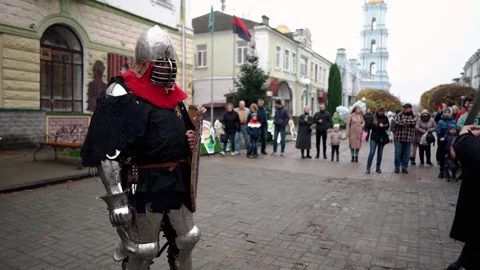 Medieval sword fighting performance in Sumy, Ukraine Stock Footage 308302433