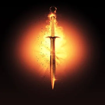 Medieval Sword with Fire Explosion Effect Illustrazione stock