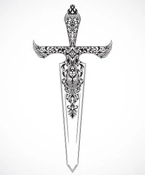 Medieval sword with ornament. Illustrazione stock