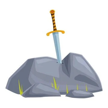 Medieval sword piercing stone on white background Stock Illustration