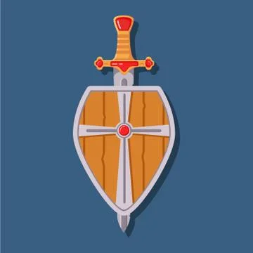Medieval sword shield. Game weapon cartoon. Symbol for a mobile game. Stock Illustration