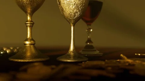 Medieval table. Goblets and jewels. Stock Footage 83655996