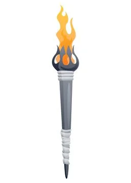 Medieval torch with burning fire. Ancient realistic metal torch with flame Illustrazione stock