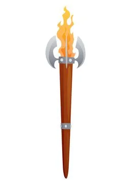 Medieval torch with burning fire. Ancient realistic wooden torch with flame Stock Illustration