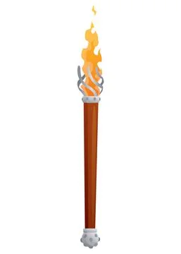 Medieval torch with burning fire. Ancient realistic wooden torch with flame Stock Illustration