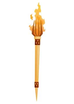 Medieval torch with burning fire. Ancient realistic wooden torch with flame Stock Illustration