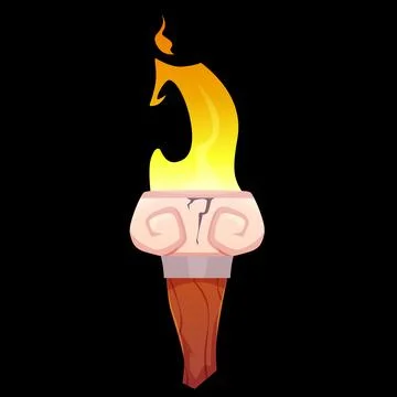 Medieval torch with burning fire, cartoon vector ancient flambeau fire stone and Stock Illustration