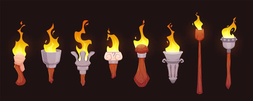 Medieval torch with burning fire collection, cartoon game ancient flambeau fire Stock Illustration