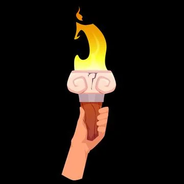 Medieval torch with burning fire in hand, cartoon vector ancient flambeau fire Stock Illustration