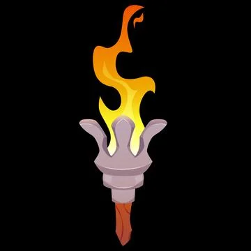 Medieval torch with burning fire, vector cartoon ancient handle flambeau fire on Stock Illustration