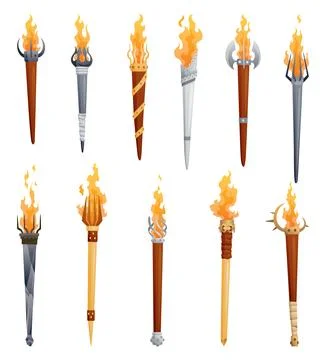Medieval torches with burning fire set. Ancient realistic metal and wooden Stock Illustration