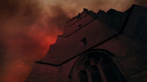 Medieval Tower With Fire And Smoke In The Sky Stock Footage 337947420