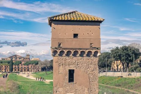 Medieval tower masonry within an ancient Roman arena Stock Photos