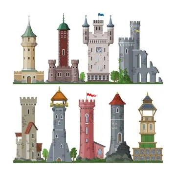 Medieval tower vector cartoon castle fairytale of fantasy palace building in Ilustración de archivo