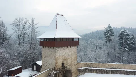 Medieval tower in winter forest, aerial view. Brasov, Romania Stock Footage 321053752