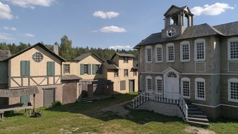 Medieval town. guildhall. execution place. sets. aerial 2018810182539012 Stock Footage 111981477