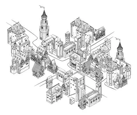 Medieval Town Map Scroll Vintage Illustration イラスト素材