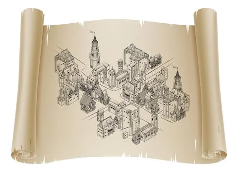 Medieval Town Map Scroll Vintage Illustration Stock Illustration