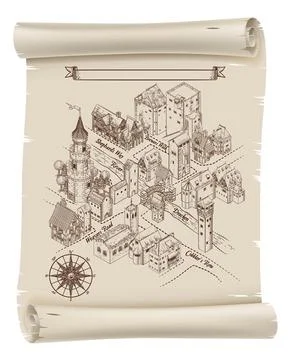 Medieval Town Map Scroll Vintage Illustration Stock Illustration