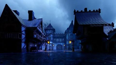 A medieval town at night. Stock Illustration