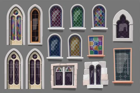 A medieval transparent windows in big set Stock Illustration