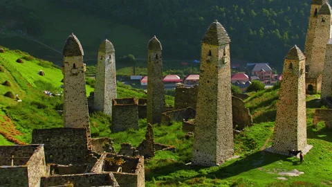 Medieval Vainakh towers complex in the mountains of Ingushetia Stock Footage 337011008