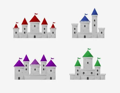 Medieval vector castles icon set. Cartoon fairy tale castle tower icon. Stock Illustration