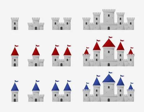 Medieval vector castles icon set. Cartoon fairy tale castle tower icon. Stock Illustration