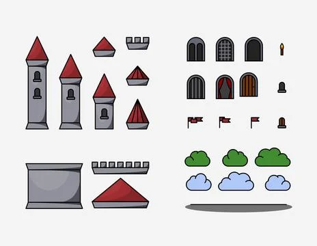 Medieval vector castles icon set. Cartoon fairy tale castle tower icon. Stock Illustration