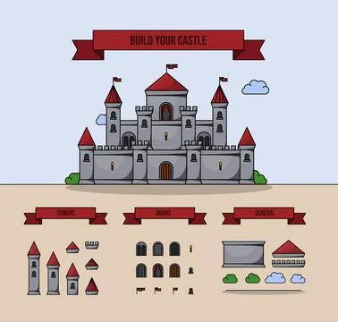 Medieval vector castles icon set. Cartoon fairy tale castle tower icon. Stock Illustration