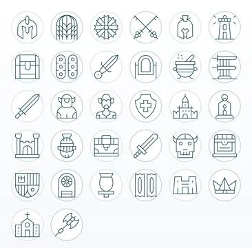 Medieval Vector Graphics featuring 32 Thin Line Pixel Aligned 128x128 Designs Stock Illustration