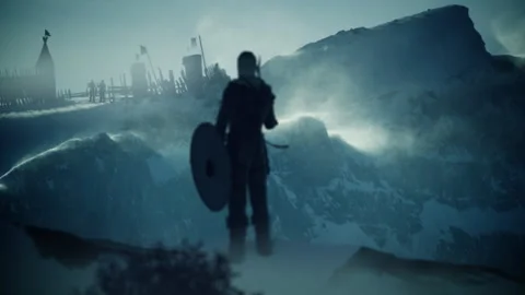 Medieval Viking Returns Home To his Snowy Village Stock Footage 278235566