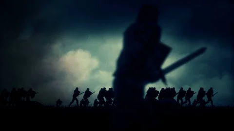 Medieval War During a Storm with Knights and Injured Soldiers Stock Footage 111636379