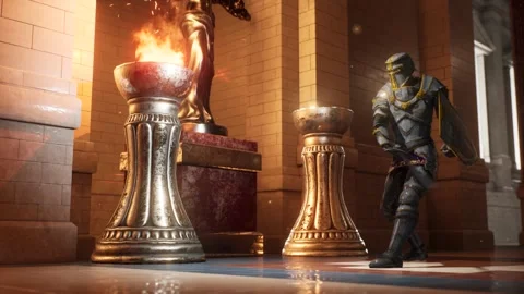 Medieval Warrior in the Castle Fire Sword and Shield 3D Rendering Animation 스톡 동영상 200912600