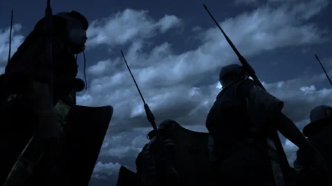 Medieval warriors are fighting under the moonlit sky in a dramatic battle Stock Footage 280662739