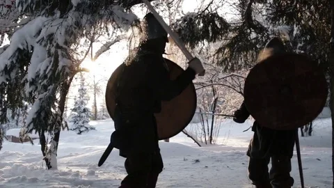 Medieval warriors fighting in a winter forest with swords in armor Stock Footage 70870655