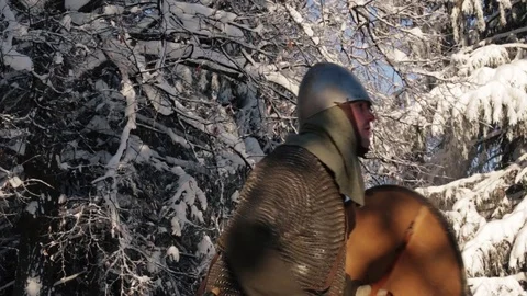 Medieval warriors fighting in a winter forest with swords in armor Stock Footage 70870802