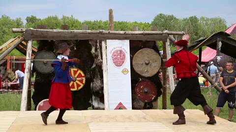Medieval warriors trained in combat with swords Stock Footage 64306937