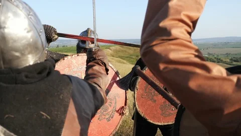 Medieval Warriors of Vikings are fighting during attack . . Close-up Stock Footage 81361353