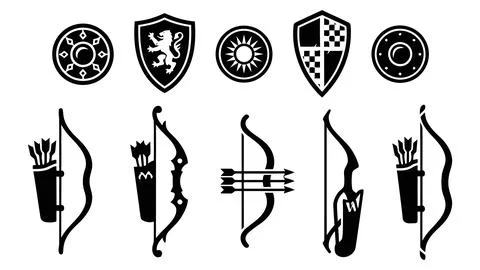 Medieval weapon and armor icons set featuring flat black silhouette shields.. Stock Illustration