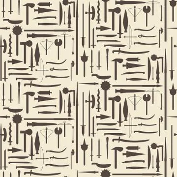 Medieval weaponry icon silhouette set seamless texture.   Editable vector ill Stock Illustration