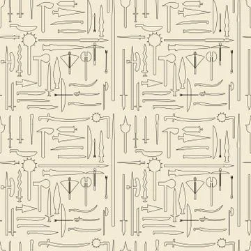 Medieval weaponry linear set seamless texture. Stock Illustration