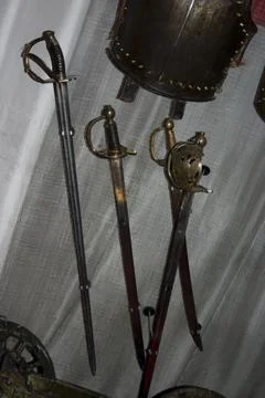 Medieval weapons and armor of the medieval knight, close-up Stock Photos