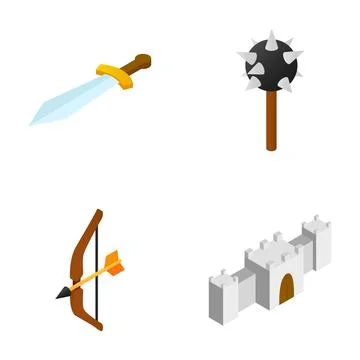 Medieval weapons and castle isometric icons set Stock Illustration