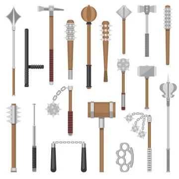 Medieval weapons vector ancient protection warrior and antique metal hammer Stock Illustration