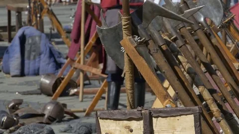 Medieval Weapons on Wood Stand Stock Footage 69271007